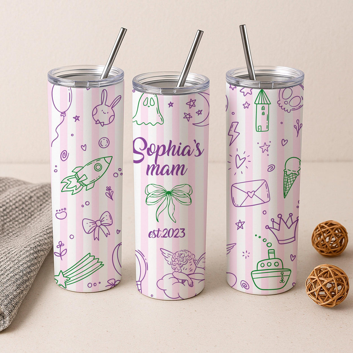 Personalized Mom Tumbler, Custom Name Doodle Travel Mug, Insulated Coffee Cup