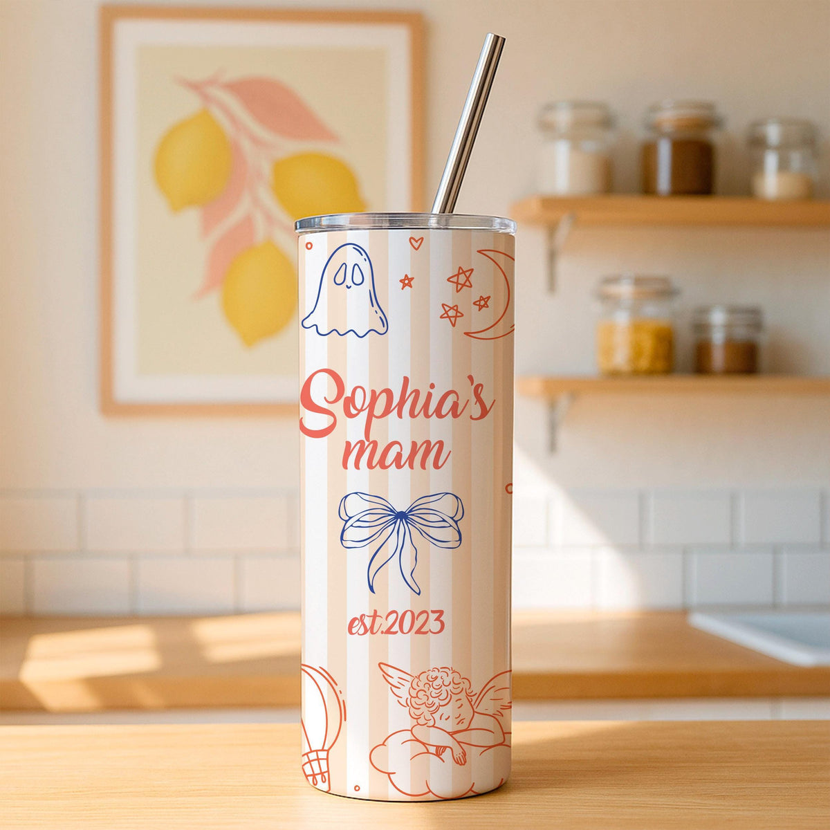 Personalized Mom Tumbler, Custom Name Doodle Travel Mug, Insulated Coffee Cup