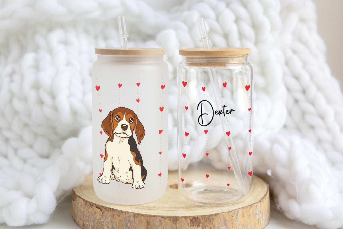 Personalized Watercolor Dog Photo Can Glass Tumbler, Dog Mom Iced Coffee Cup, Heart Pattern Pet Name Drinkware, Mother's Birthday Gift
