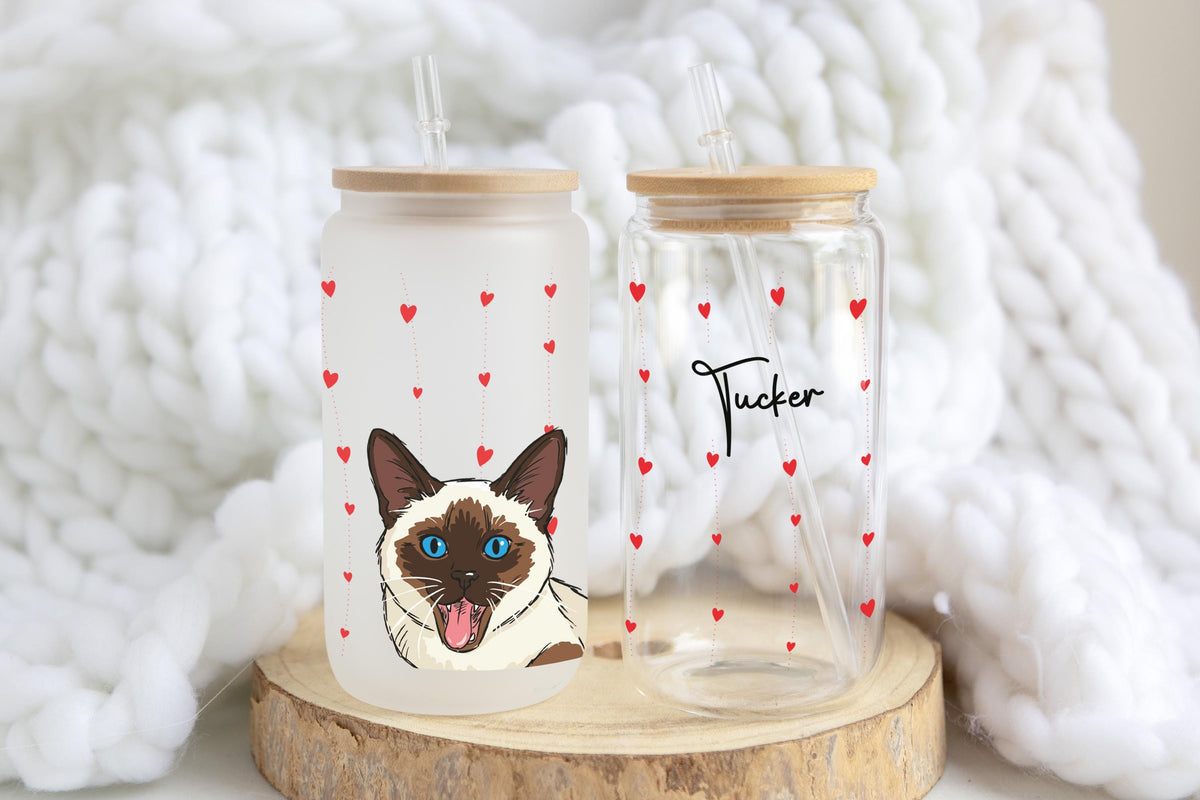 Personalized Watercolor Cat Photo Can Glass Tumbler, Cat Mom Iced Coffee Cup, Heart Pattern Pet Name Drinkware, Mother's Birthday Gift
