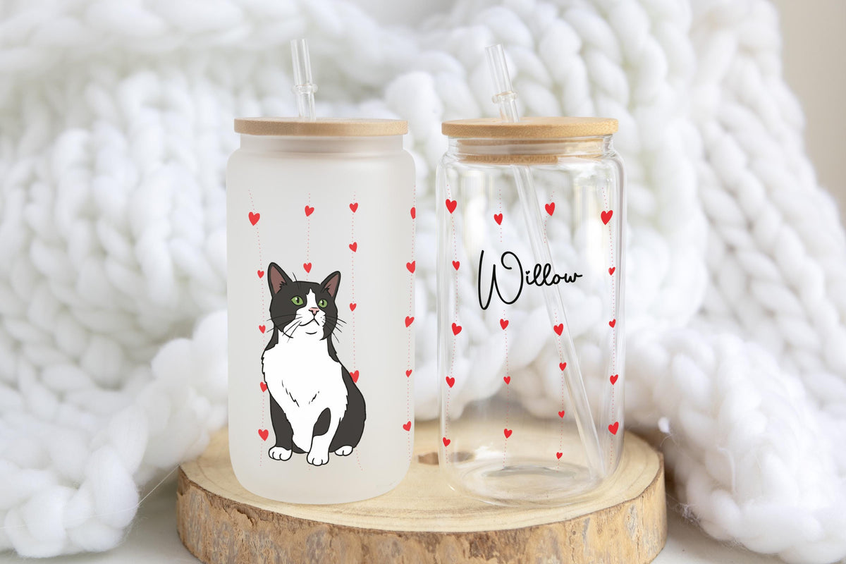 Personalized Watercolor Cat Photo Can Glass Tumbler, Cat Mom Iced Coffee Cup, Heart Pattern Pet Name Drinkware, Mother's Birthday Gift