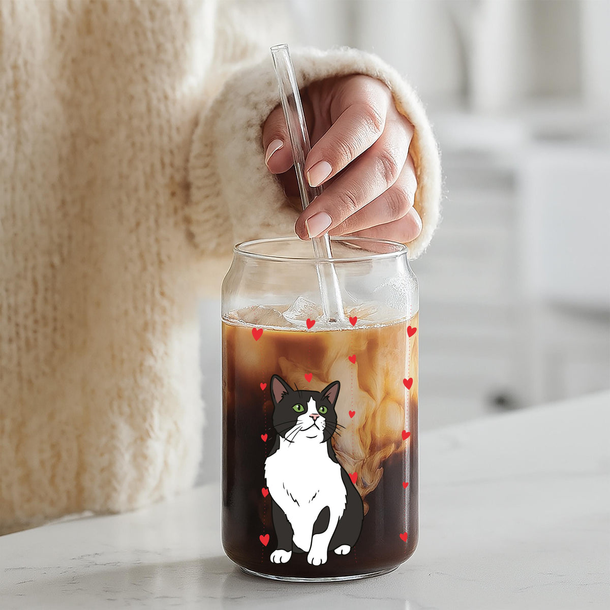 Personalized Watercolor Cat Photo Can Glass Tumbler, Cat Mom Iced Coffee Cup, Heart Pattern Pet Name Drinkware, Mother's Birthday Gift