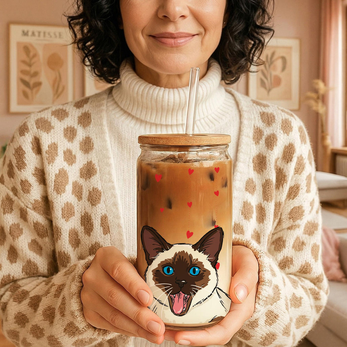 Personalized Watercolor Cat Photo Can Glass Tumbler, Cat Mom Iced Coffee Cup, Heart Pattern Pet Name Drinkware, Mother's Birthday Gift