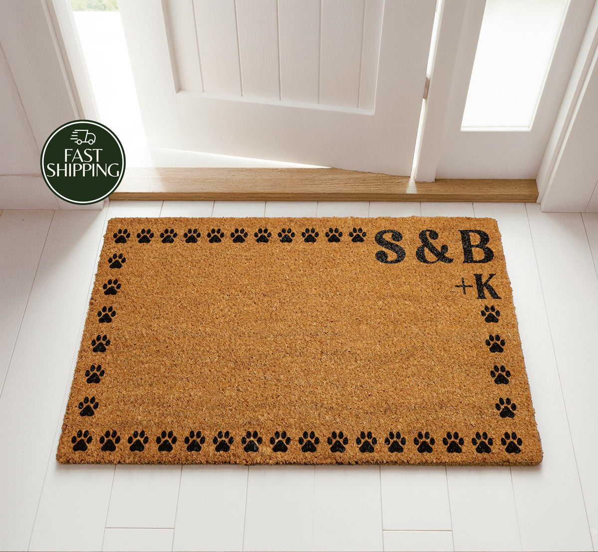 Personalized Family and Pet Initial Doormat, Custom Paw Print Border Welcome Mat