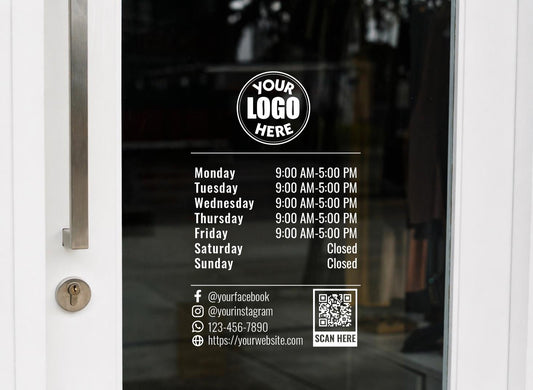 Custom Business Hours Decal, Store Window Sign with Logo & QR Code