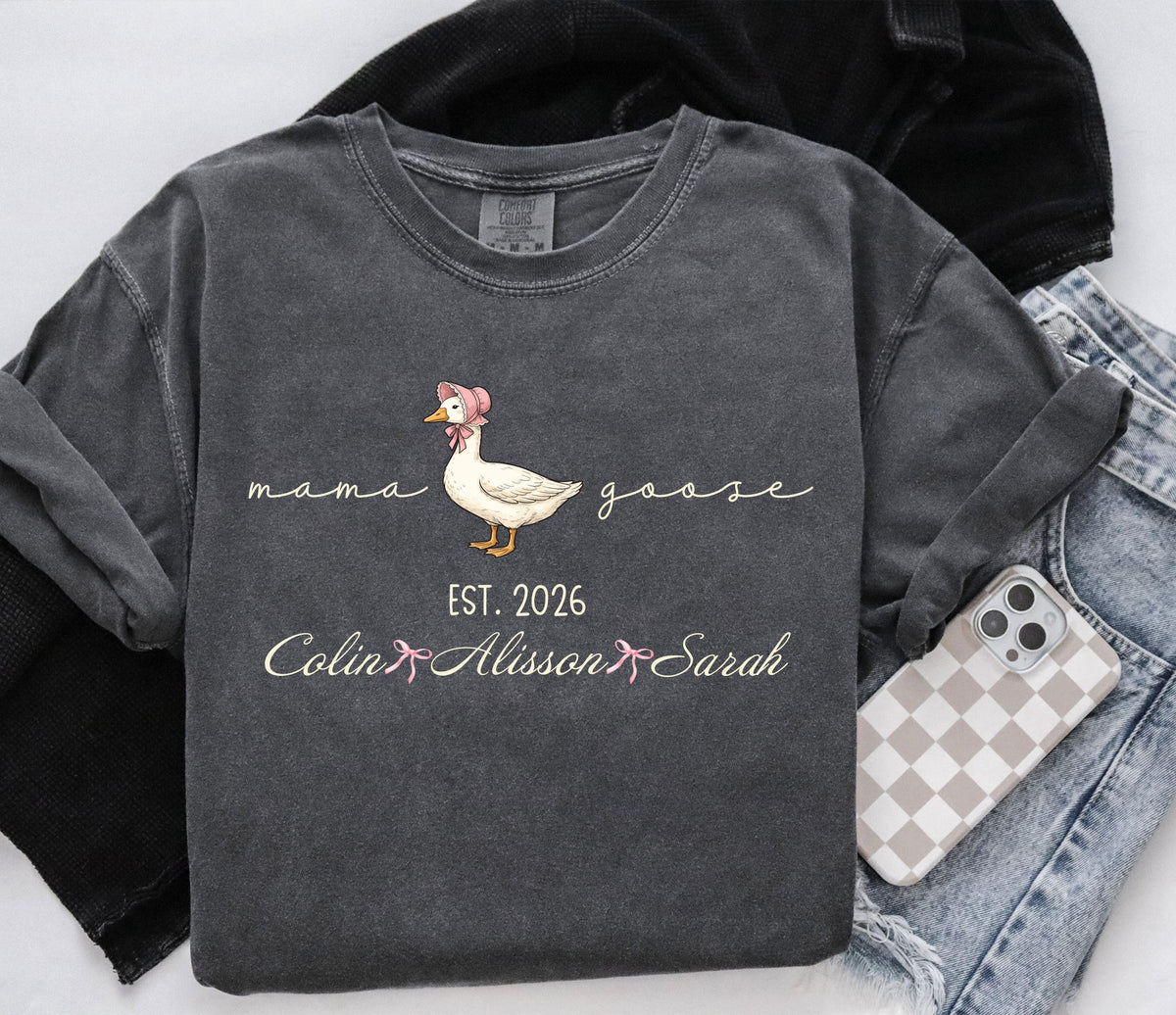 Comfort Colors® Mama Goose Shirt, Personalized Mama & Kids T-Shirts, Coquette Mother's Day Gift