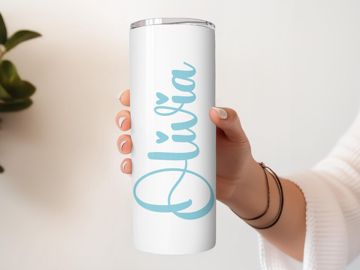Custom Name Minimalist Tumbler With Straw, Blue Script Women Travel Cup