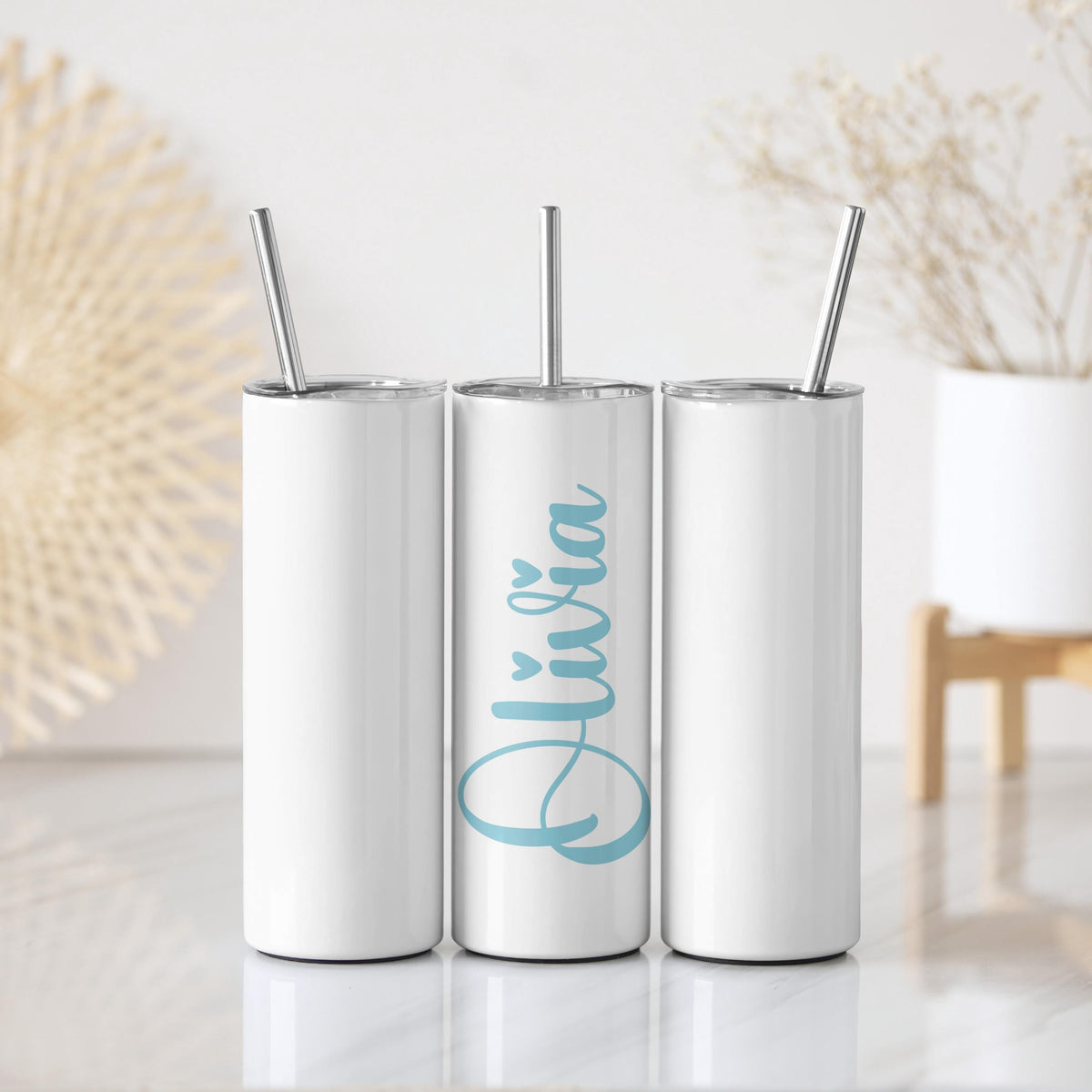 Custom Name Minimalist Tumbler With Straw, Blue Script Women Travel Cup
