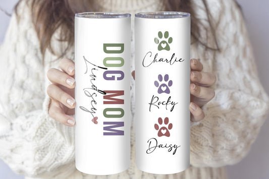 Personalized Dog Mom Coffee Tumbler, Custom Pet Name & Paw Print Insulted Cup, Dog Owner Gift