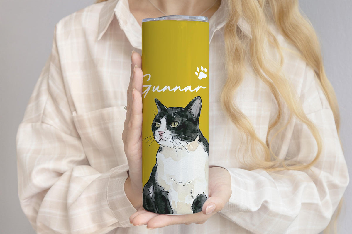 Personalized Watercolor Cat Photo Tumbler, Cat Mama Travel Cup, Custom Kitten Name Drinkware, Mother's Birthday Gift