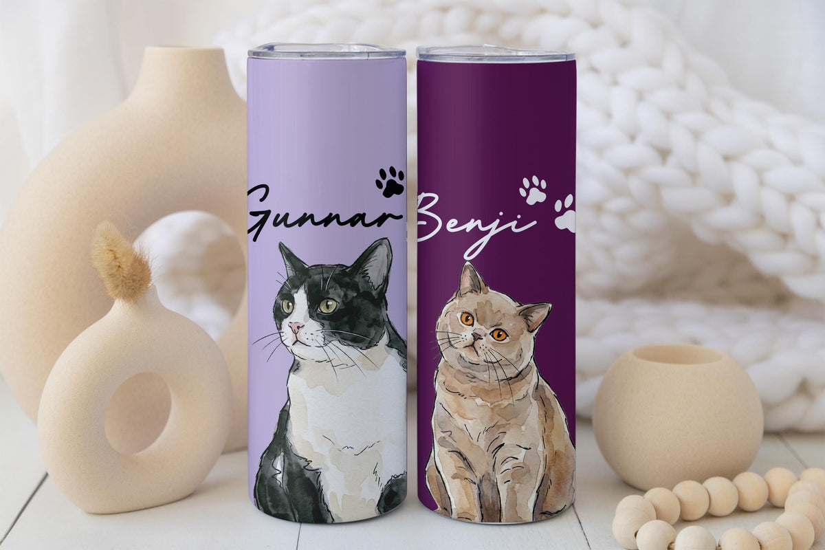 Personalized Watercolor Cat Photo Tumbler, Cat Mama Travel Cup, Custom Kitten Name Drinkware, Mother's Birthday Gift