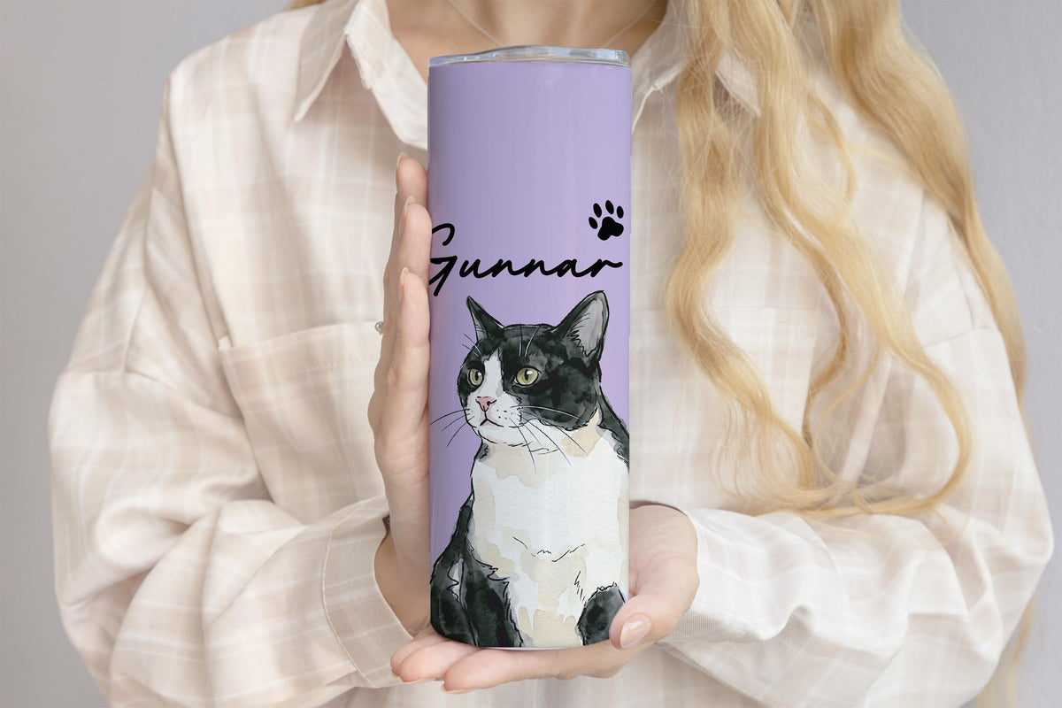 Personalized Watercolor Cat Photo Tumbler, Cat Mama Travel Cup, Custom Kitten Name Drinkware, Mother's Birthday Gift