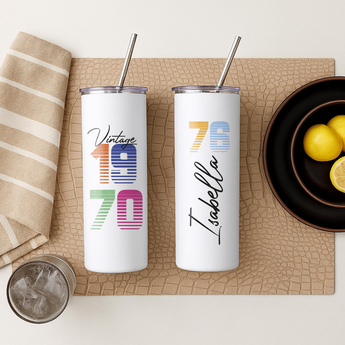 Personalized 20oz Skinny Tumbler, Custom Name Travel Mug, Retro Year Insulated Cup