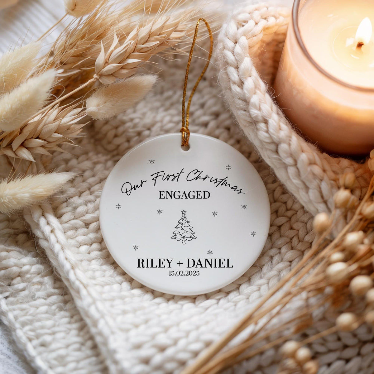 Customizable Our First Christmas Engaged Ceramic Ornament