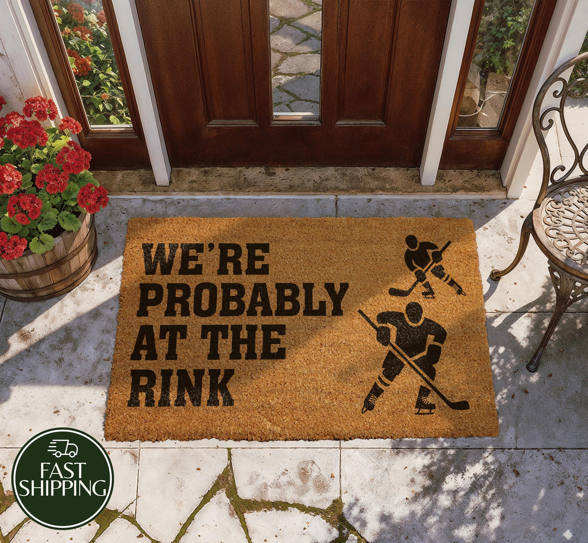We're Probably At The Rink Welcome Mat, Hockey Family Doormat, Sports Fan Housewarming Gift