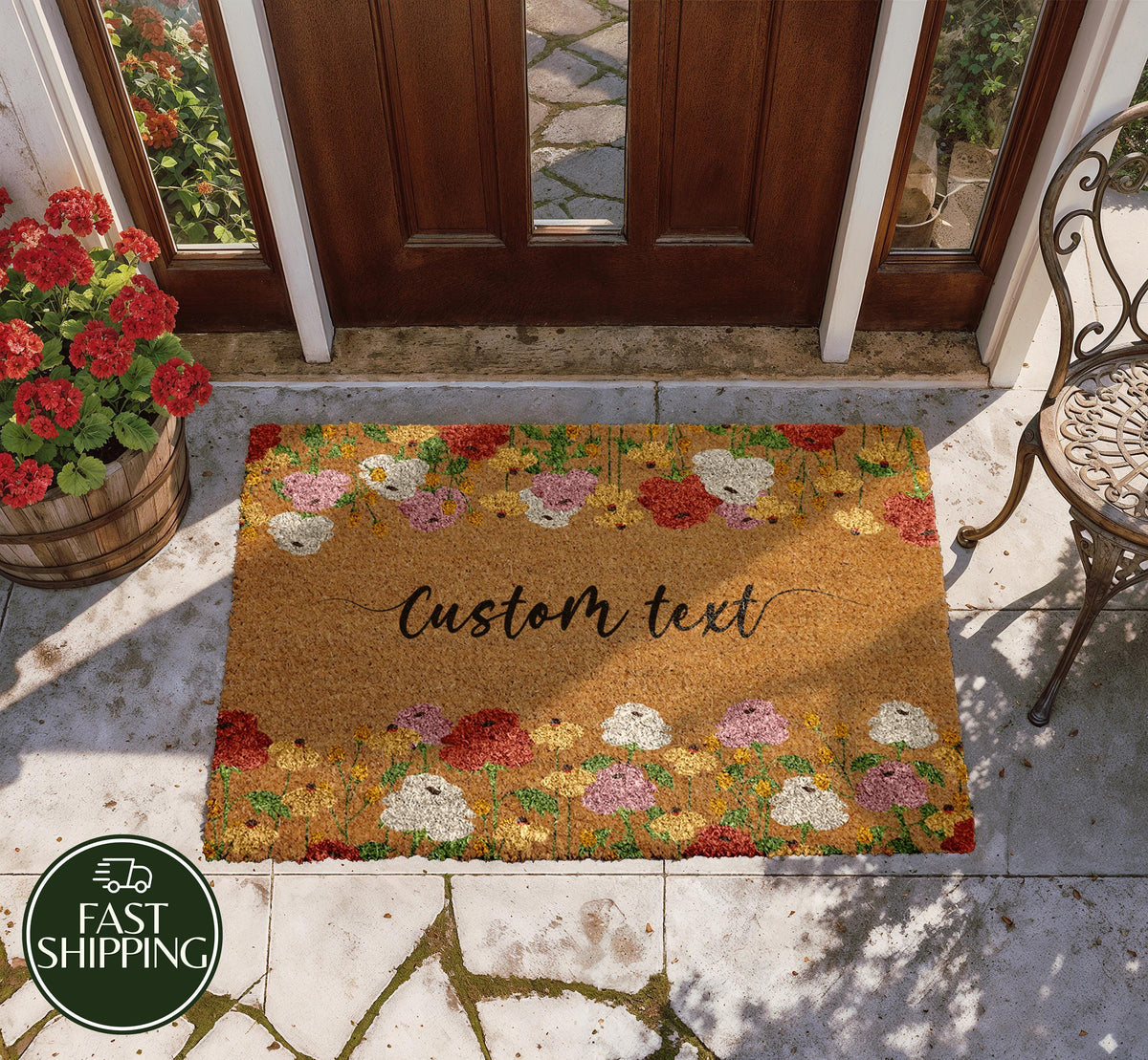 Custom Text Floral Doormat, Spring - Summer Season Welcome Mat