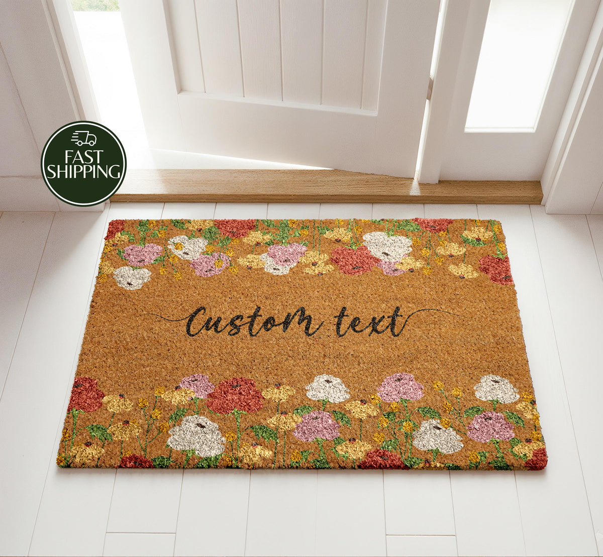 Custom Text Floral Doormat, Spring - Summer Season Welcome Mat