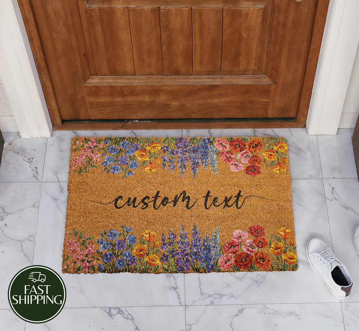 Personalized Wildflowers Doormat, Custom Text Boho Welcome Mat, Botanical Floral New Home Gift