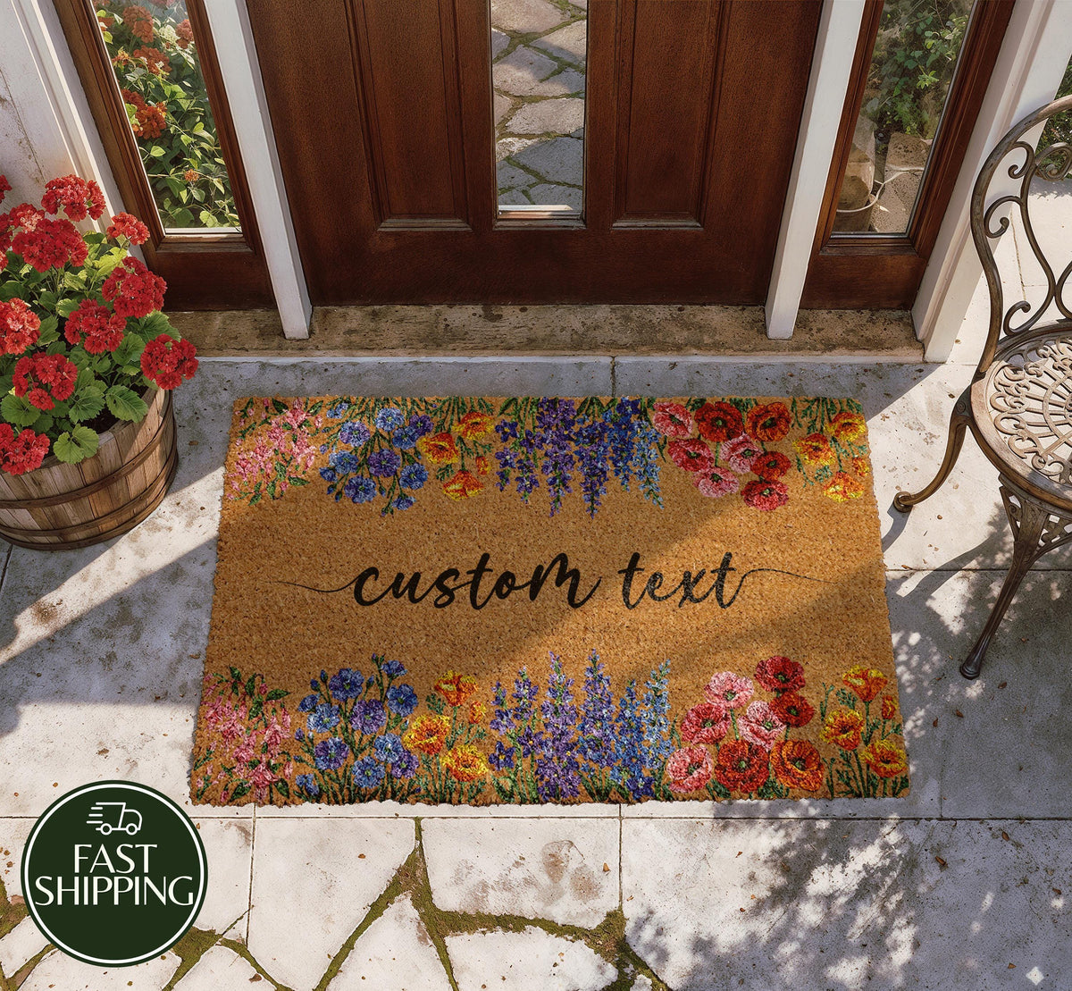 Personalized Wildflowers Doormat, Custom Text Boho Welcome Mat, Botanical Floral New Home Gift