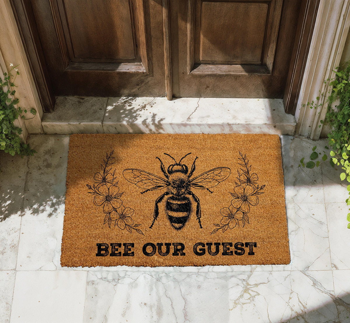 Bee Our Guest Doormat, Natural Coir Entryway Mat, Honey Bee Home Decor
