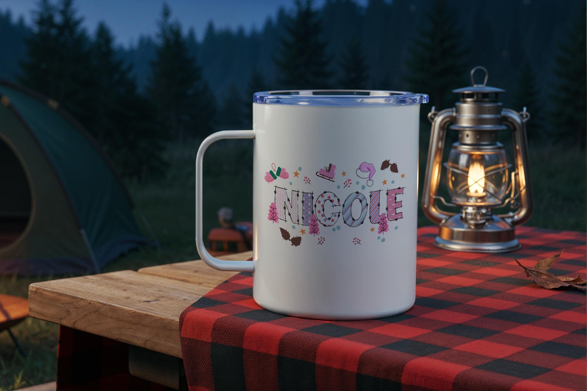 Personalized Cross Stitch Look Name Mug, Hot Cocoa Camp Mug, Patchwork Steel Coffee Mug