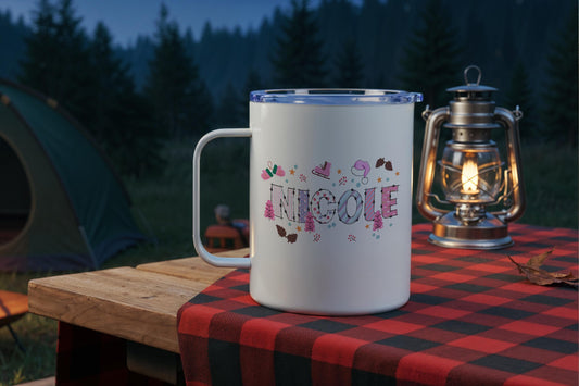 Personalized Cross Stitch Look Name Mug, Hot Cocoa Camp Mug, Patchwork Steel Coffee Mug