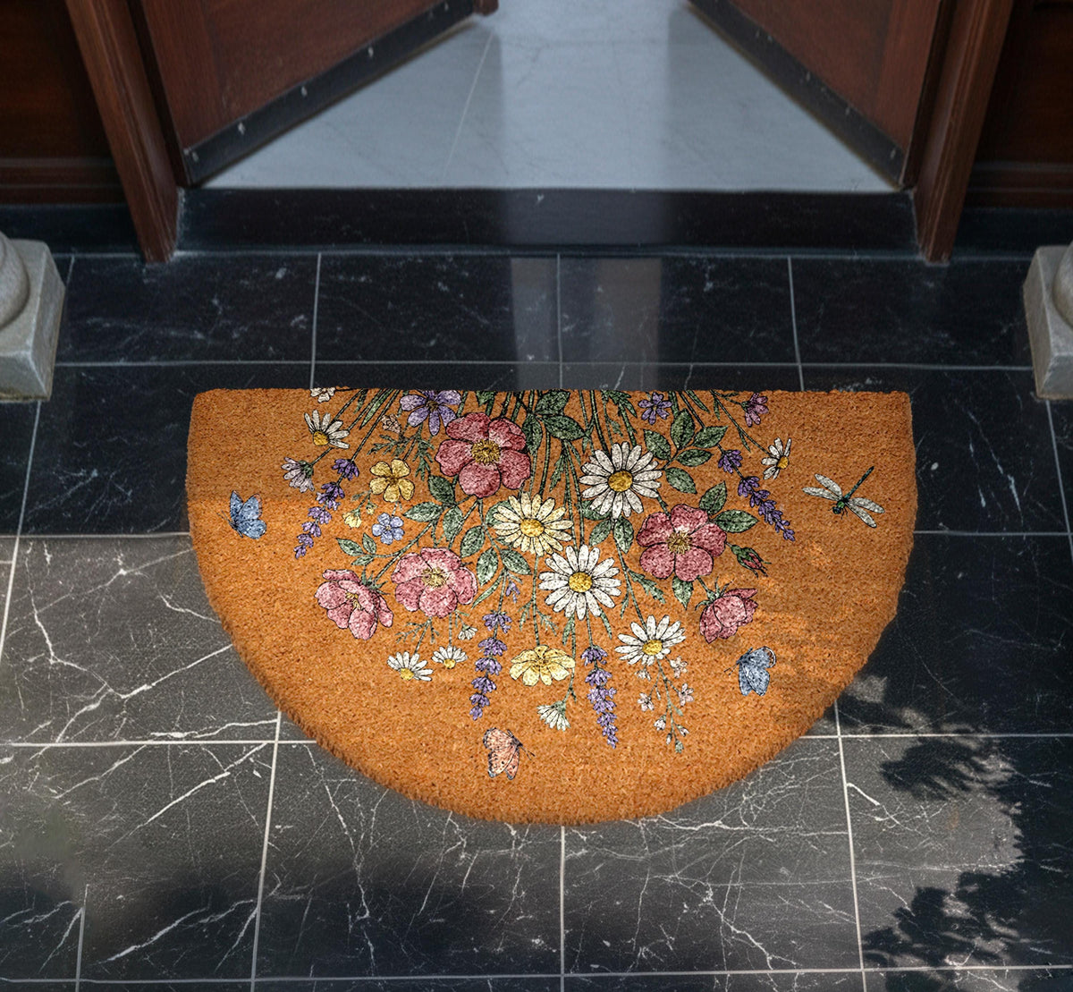Spring Flowers Welcome Coir Doormat, Spring Blossom Home Decor, Floral Front Door Mat