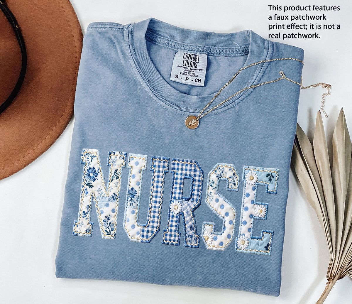 Blue Floral Faux Patchwork Nurse Shirt