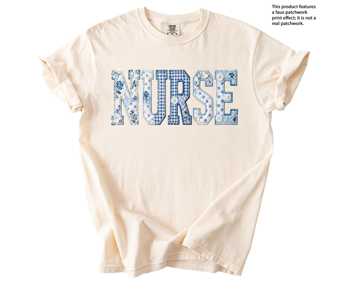 Blue Floral Faux Patchwork Nurse Shirt