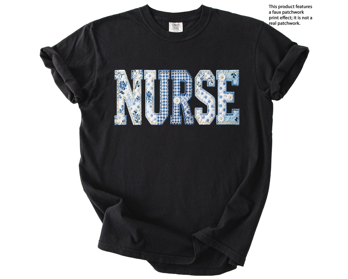 Blue Floral Faux Patchwork Nurse Shirt