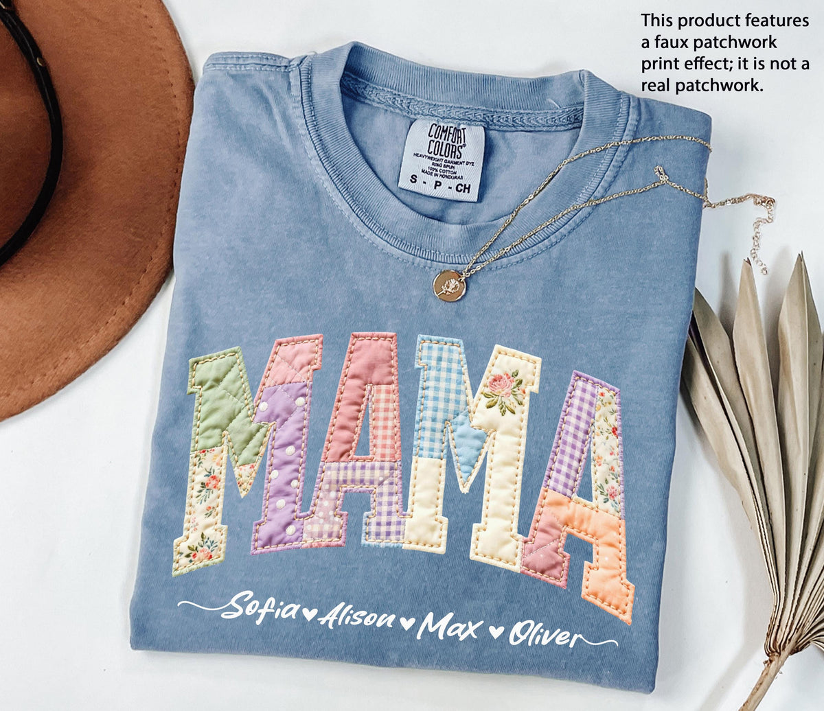 Comfort Colors® Faux Patchwork Mama Shirt, Custom Nana Tee, Mother's Day Gift