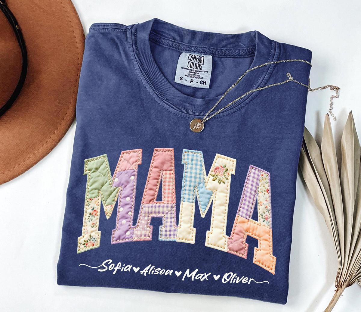 Comfort Colors® Faux Patchwork Mama Shirt, Custom Nana Tee, Mother's Day Gift