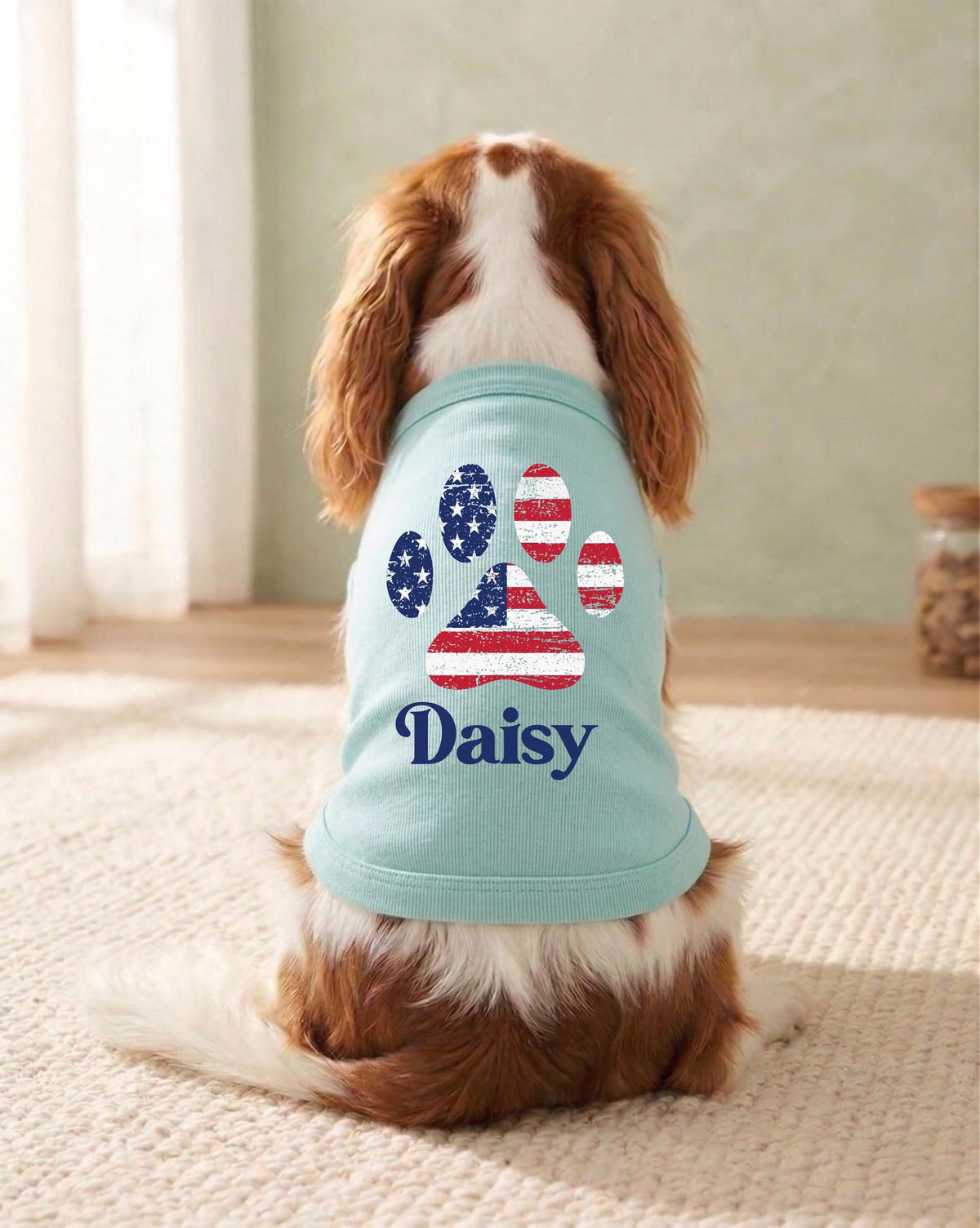 Custom American Flag Dog Tank Top, Red White and Blue Dog Outfit, Personalized Fourth of July Pet Clothes, USA Flag Paw Print Shirt