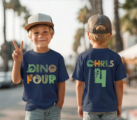 Custom Dino Birthday T-Shirt, Dinosaur Birthday Tee, 4th Birthday Boy Gift