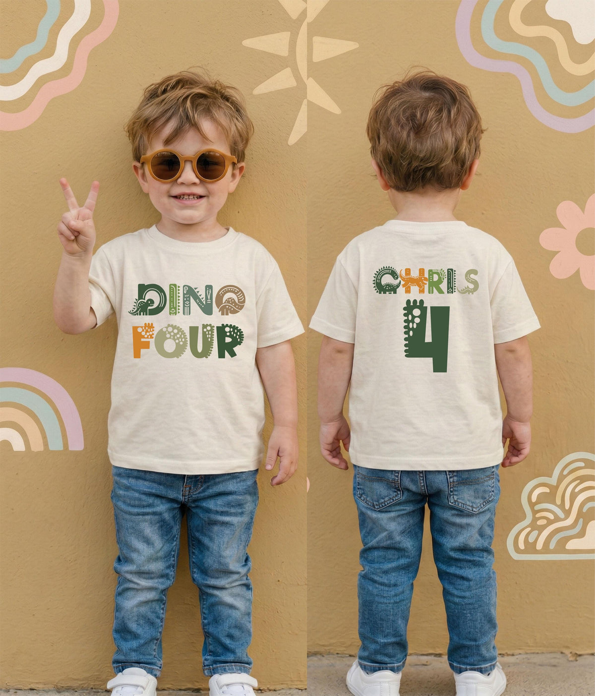 Custom Dino Birthday T-Shirt, Dinosaur Birthday Tee, 4th Birthday Boy Gift