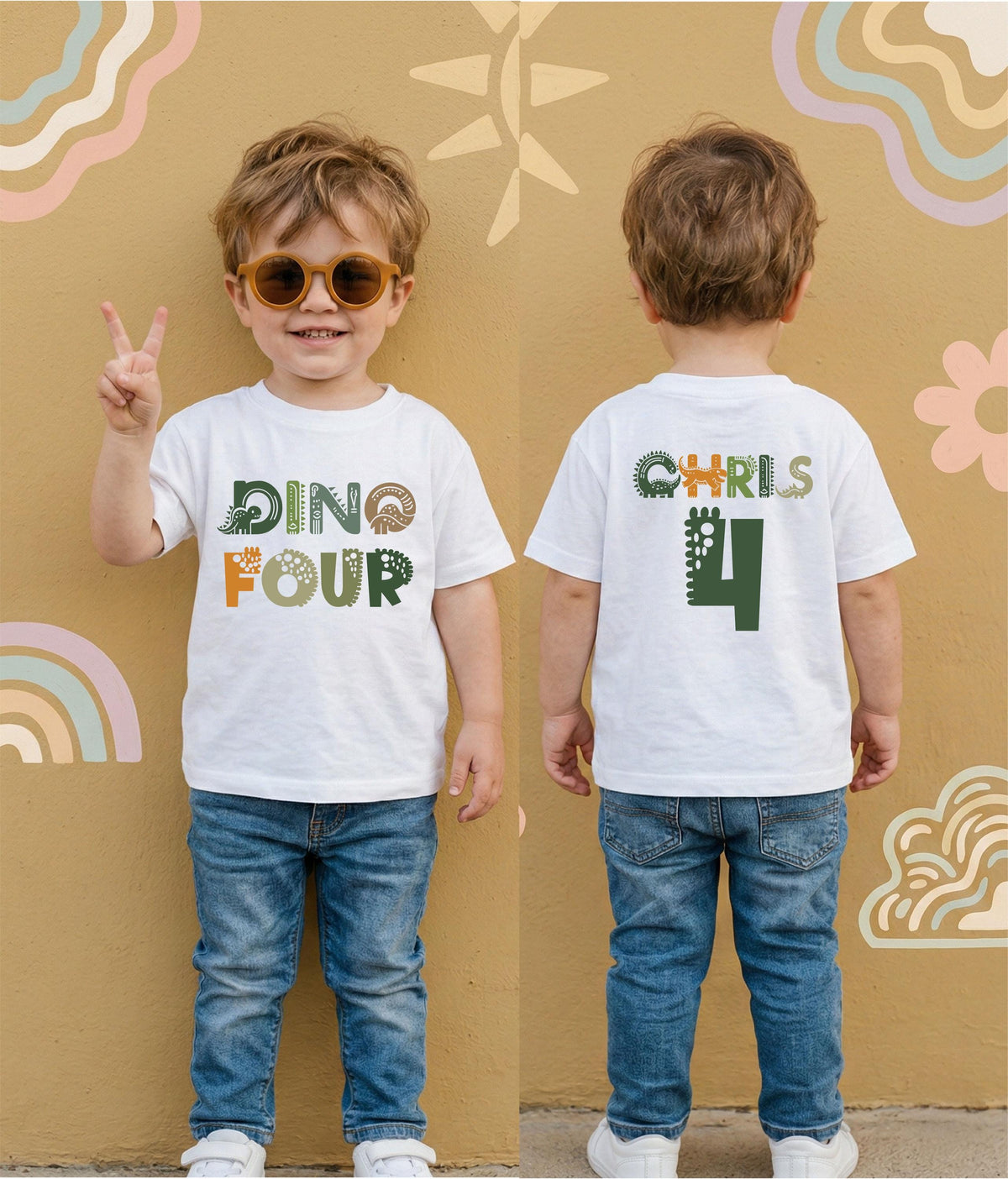 Custom Dino Birthday T-Shirt, Dinosaur Birthday Tee, 4th Birthday Boy Gift