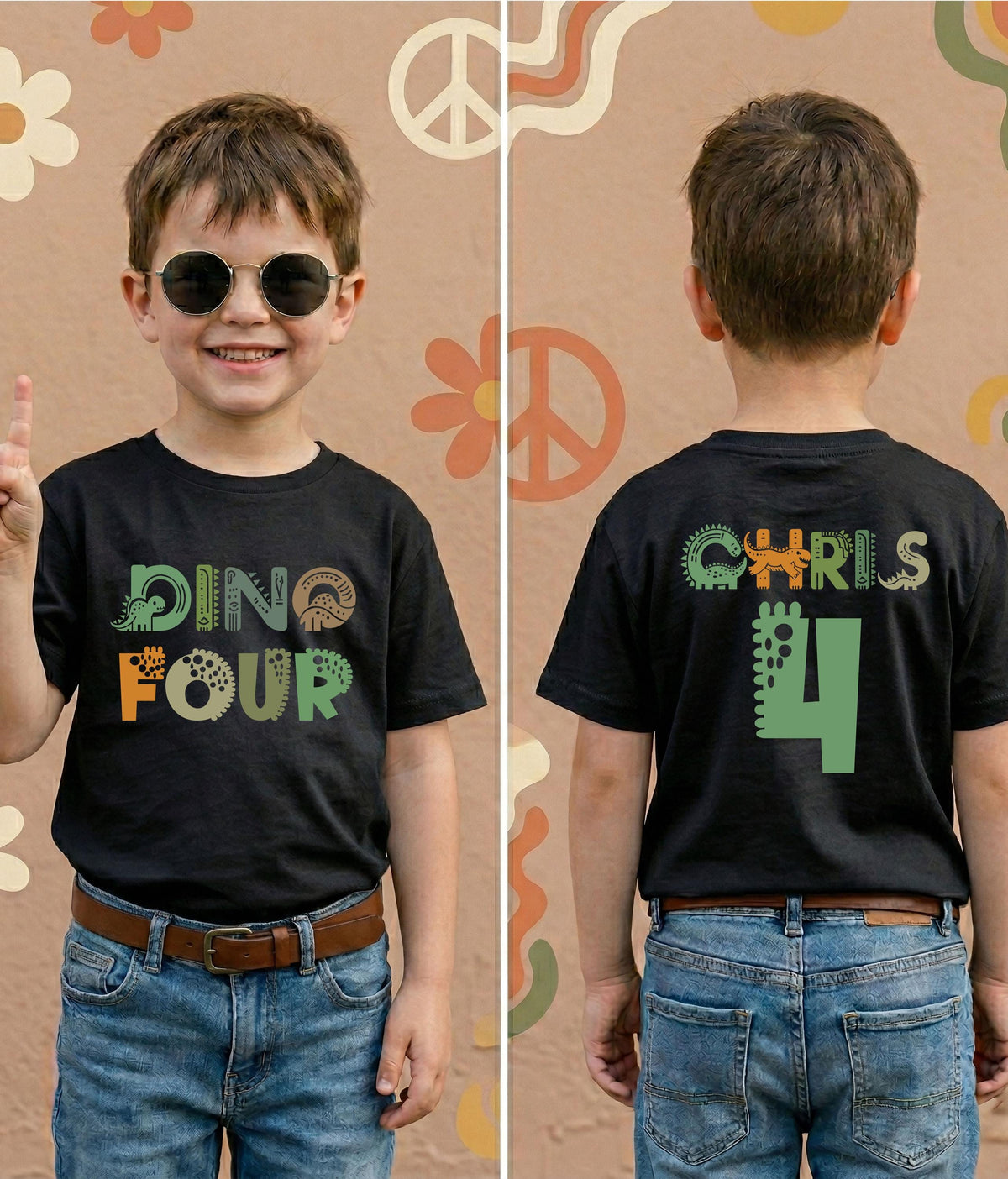 Custom Dino Birthday T-Shirt, Dinosaur Birthday Tee, 4th Birthday Boy Gift