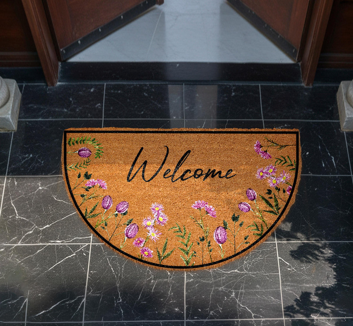 Purple Tulips Doormat, Welcome Tulips Enter Rug, Floral Welcome Mat
