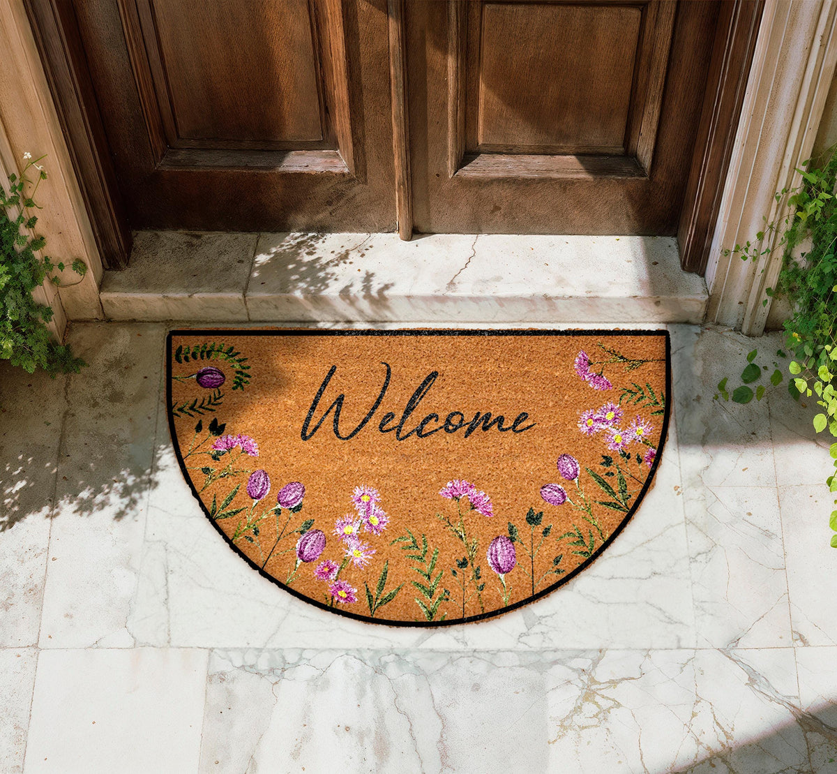 Purple Tulips Doormat, Welcome Tulips Enter Rug, Floral Welcome Mat