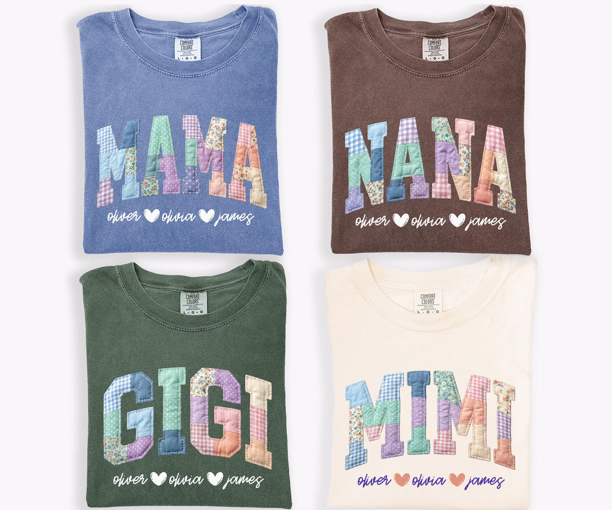 Comfort Colors® Faux Patchwork Mama Shirt, Nana Gigi Tee, Custom Mother's Day Gift, Mama with Kids Names Tee