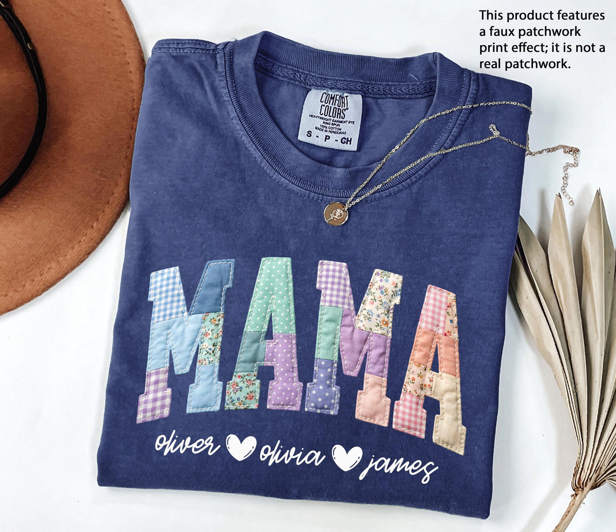 Comfort Colors® Faux Patchwork Mama Shirt, Nana Gigi Tee, Custom Mother's Day Gift, Mama with Kids Names Tee