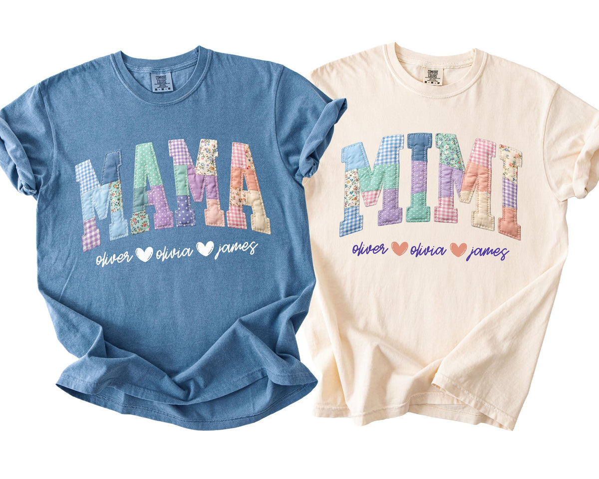 Comfort Colors® Faux Patchwork Mama Shirt, Nana Gigi Tee, Custom Mother's Day Gift, Mama with Kids Names Tee