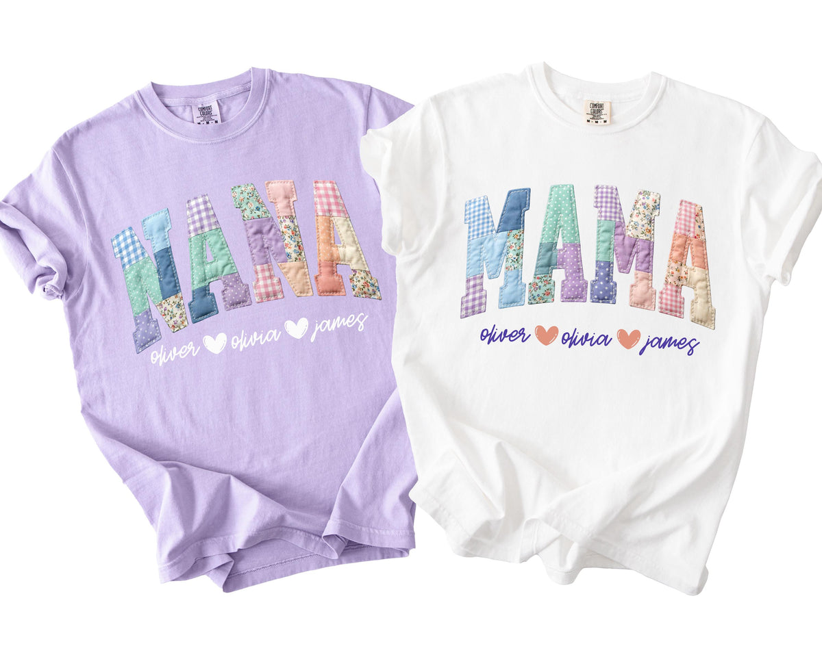 Comfort Colors® Faux Patchwork Mama Shirt, Nana Gigi Tee, Custom Mother's Day Gift, Mama with Kids Names Tee
