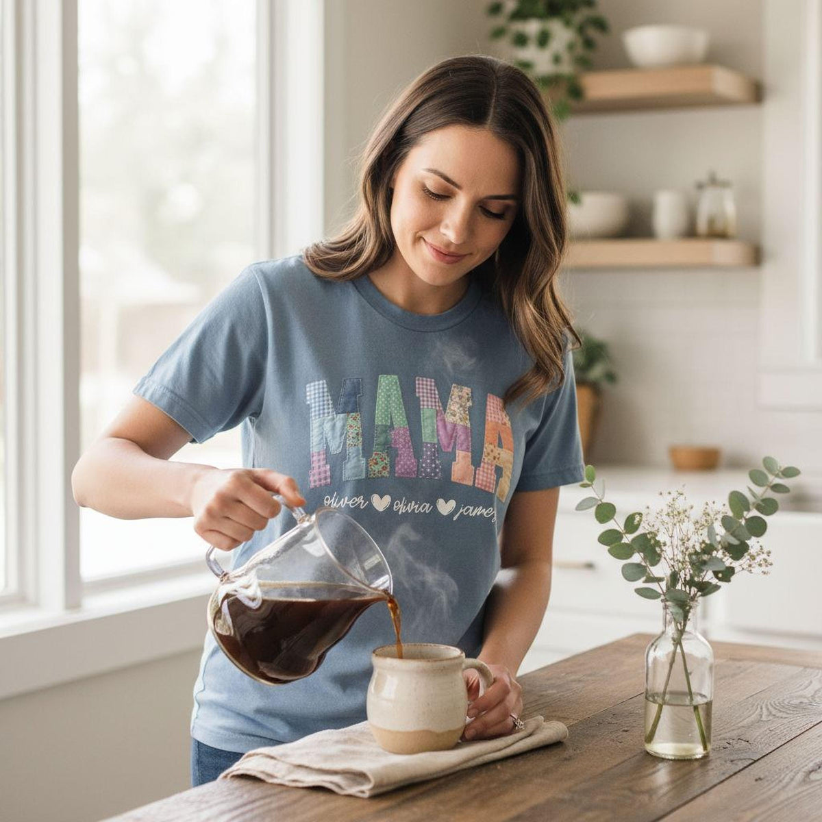 Comfort Colors® Faux Patchwork Mama Shirt, Nana Gigi Tee, Custom Mother's Day Gift, Mama with Kids Names Tee