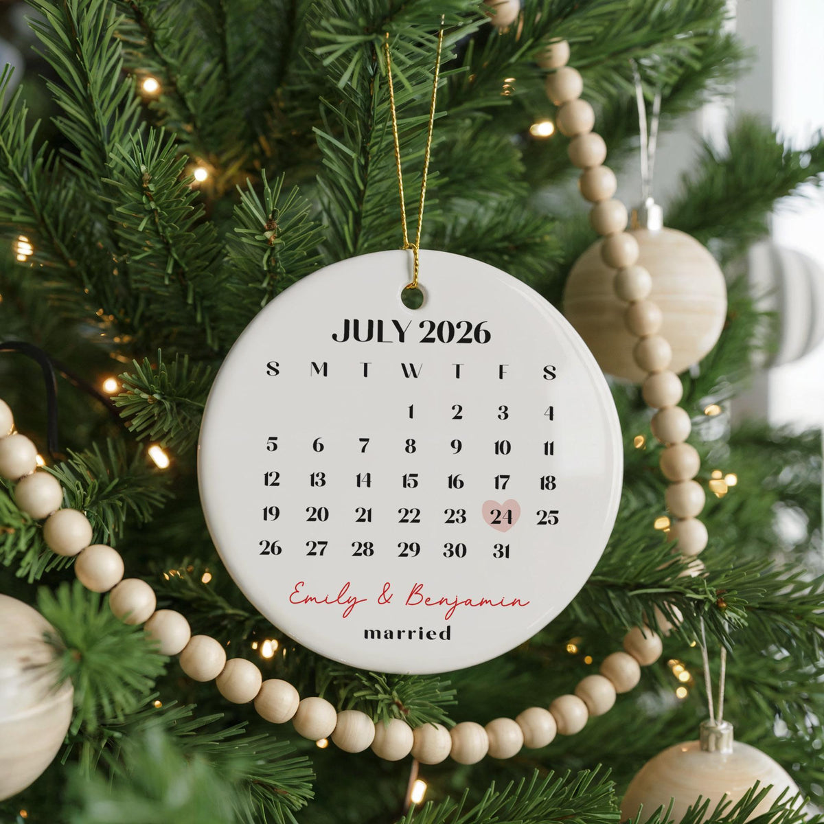 Personalized Wedding Calendar Ornament, Custom Couple Names Date Keepsake, Ceramic Ornament