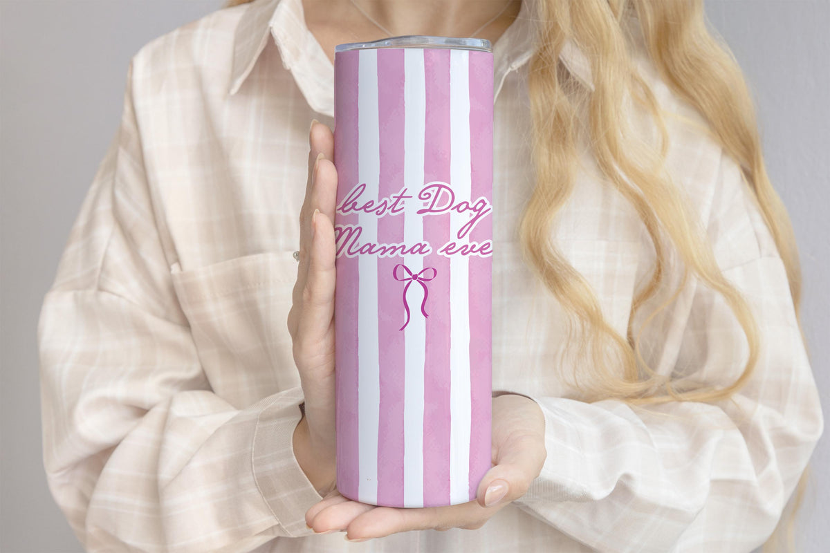 Best Dog Mama Ever Tumbler with Straw, Coquette Dog Mom Coffee Cup, Striped Pet Travel Mug, Dog Lover Mothers Day or Birthday Present
