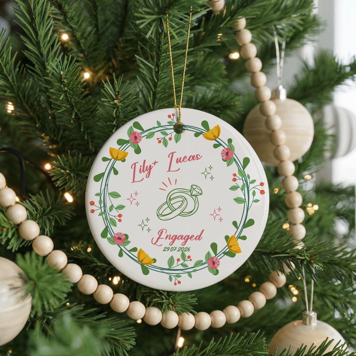 Personalized Engaged Ceramic Ornament, Custom Couple Initials Keepsake, Christmas Gift