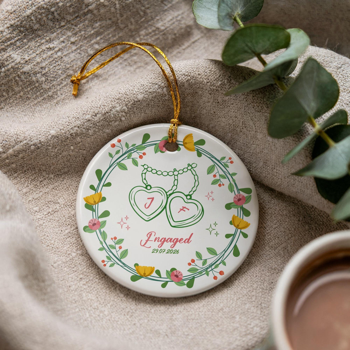 Personalized Engaged Ceramic Ornament, Custom Couple Initials Keepsake, Christmas Gift
