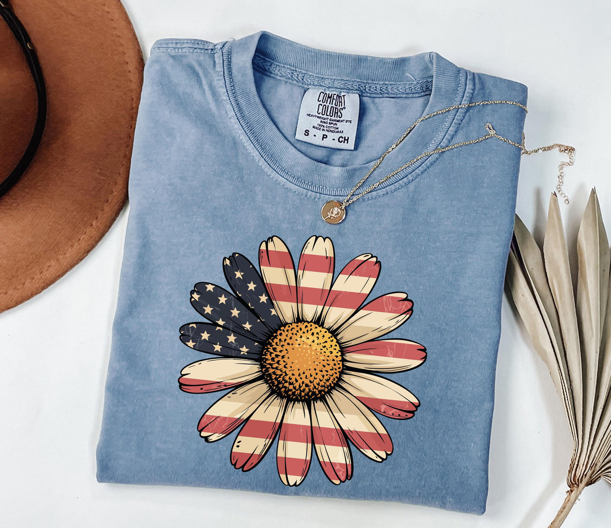 Comfort Colors® Floral USA Flag T-Shirt, Vintage Independence Day Tee, Boho American Woman Gift