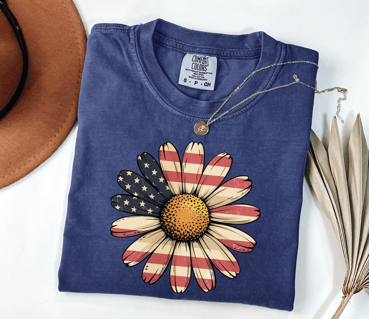 Comfort Colors® Floral USA Flag T-Shirt, Vintage Independence Day Tee, Boho American Woman Gift